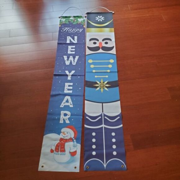 Christmas & New Years Hanging Flag Banners Set Of 2 6' Long w Metal Grommets & - Picture 1 of 1